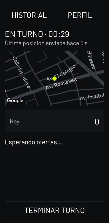 La pantalla principal del conductor en turno: el reloj del turno, la última posición enviada, el mapa con su posición, las carreras de hoy y el botón para terminar el turno.